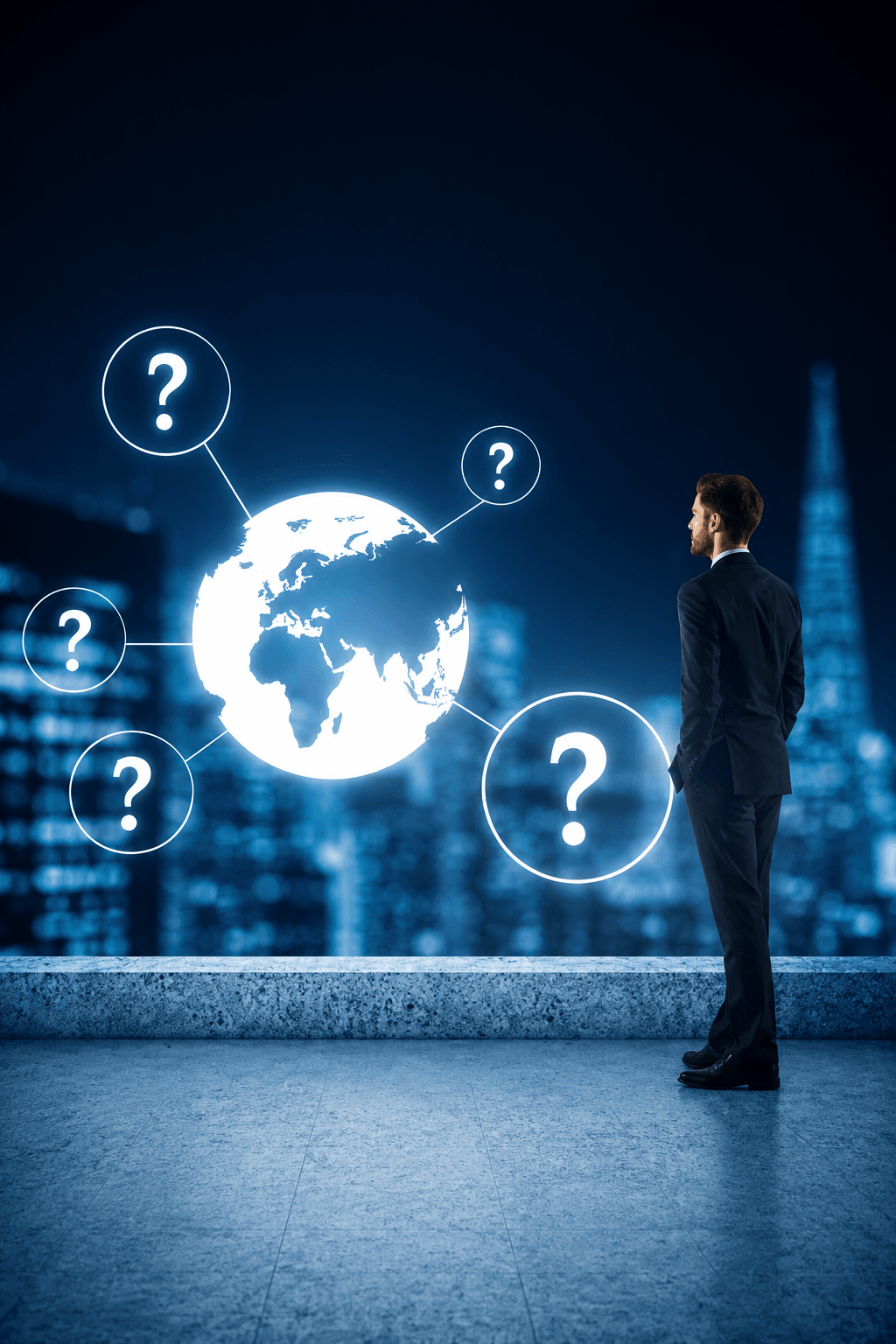 Digital strategy visual with global question markers
